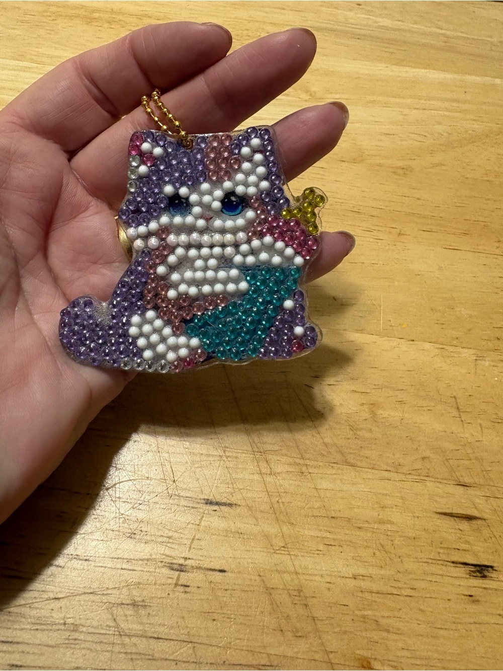 Handmade Beaded Cat Keychain Charm - Purple, White, Teal